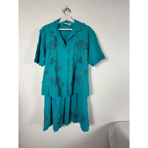 JM Collection Teal Floral Embroidered 2-Piece Womens Blouse & Matching Skirt Set - Picture 1 of 12